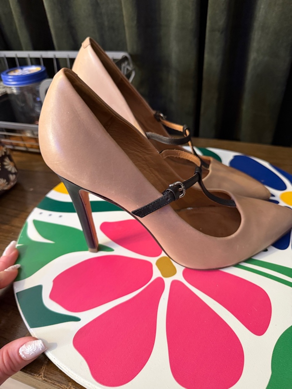 Coach Nude Leather Pointed T‑Strap Pumps with Black Trim - Picture 3 of 3